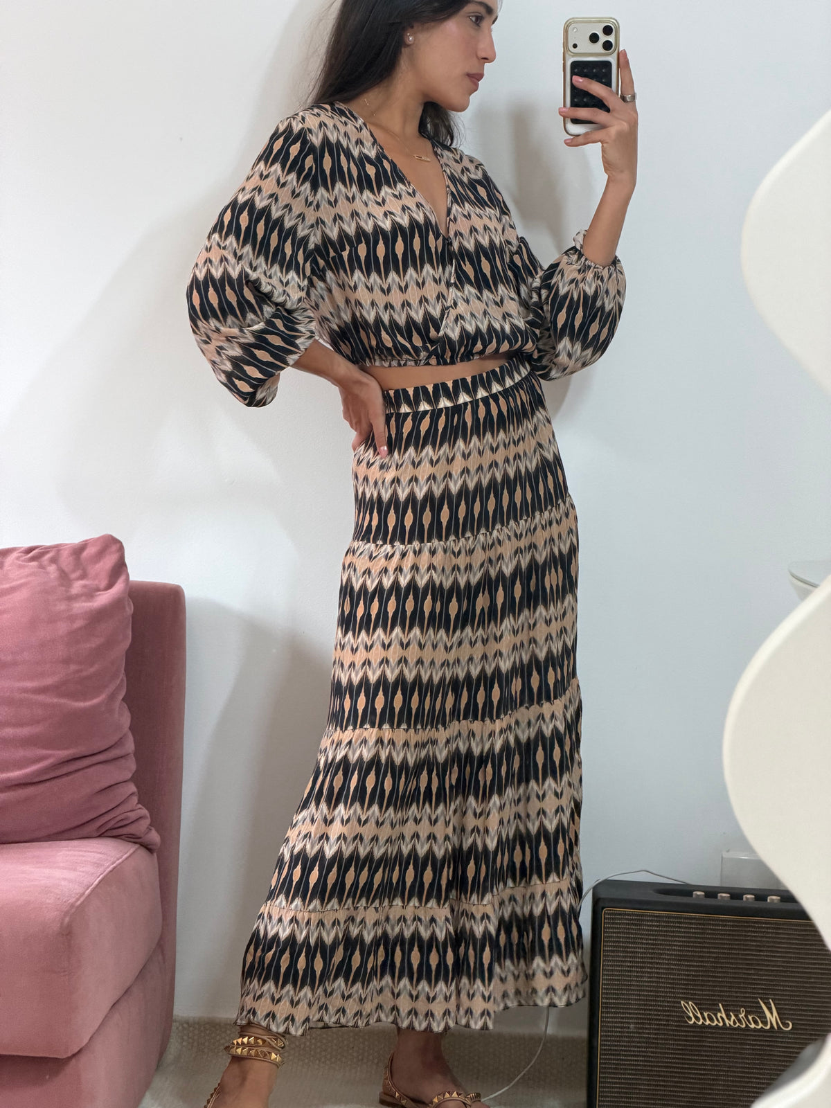 conjunto seda estampado talie nk cropped e saia