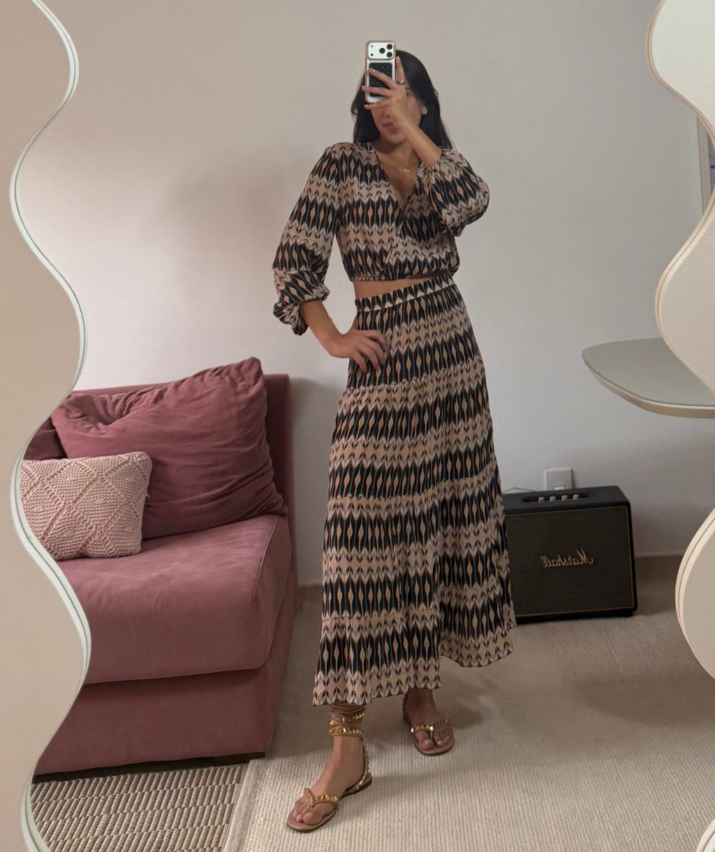 conjunto seda estampado talie nk cropped e saia