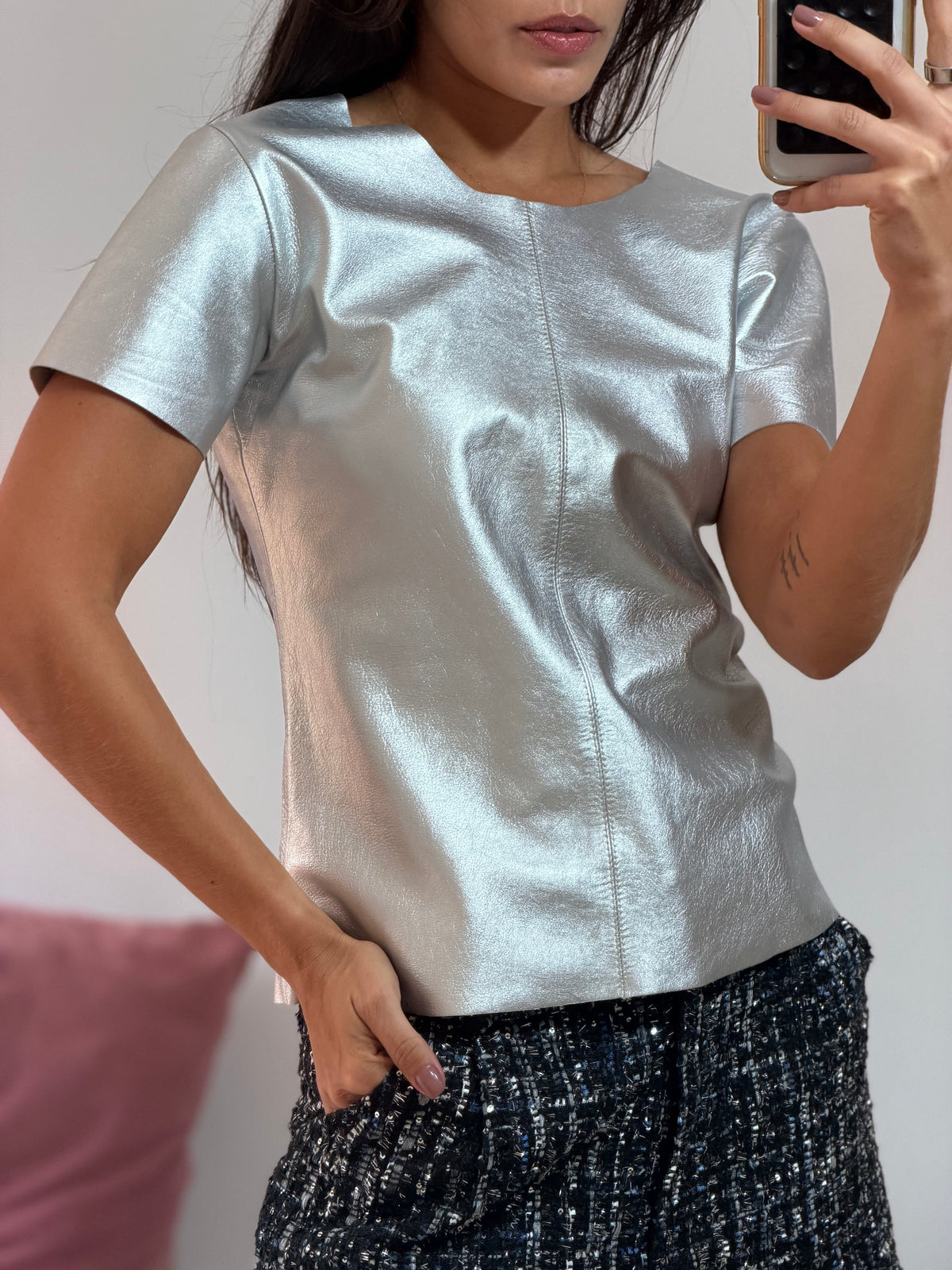blusa prata metalizado couro legítimo