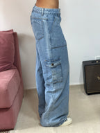 calça jeans cargo cintura baixa