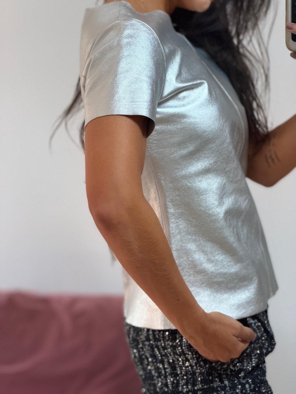 blusa prata metalizado couro legítimo