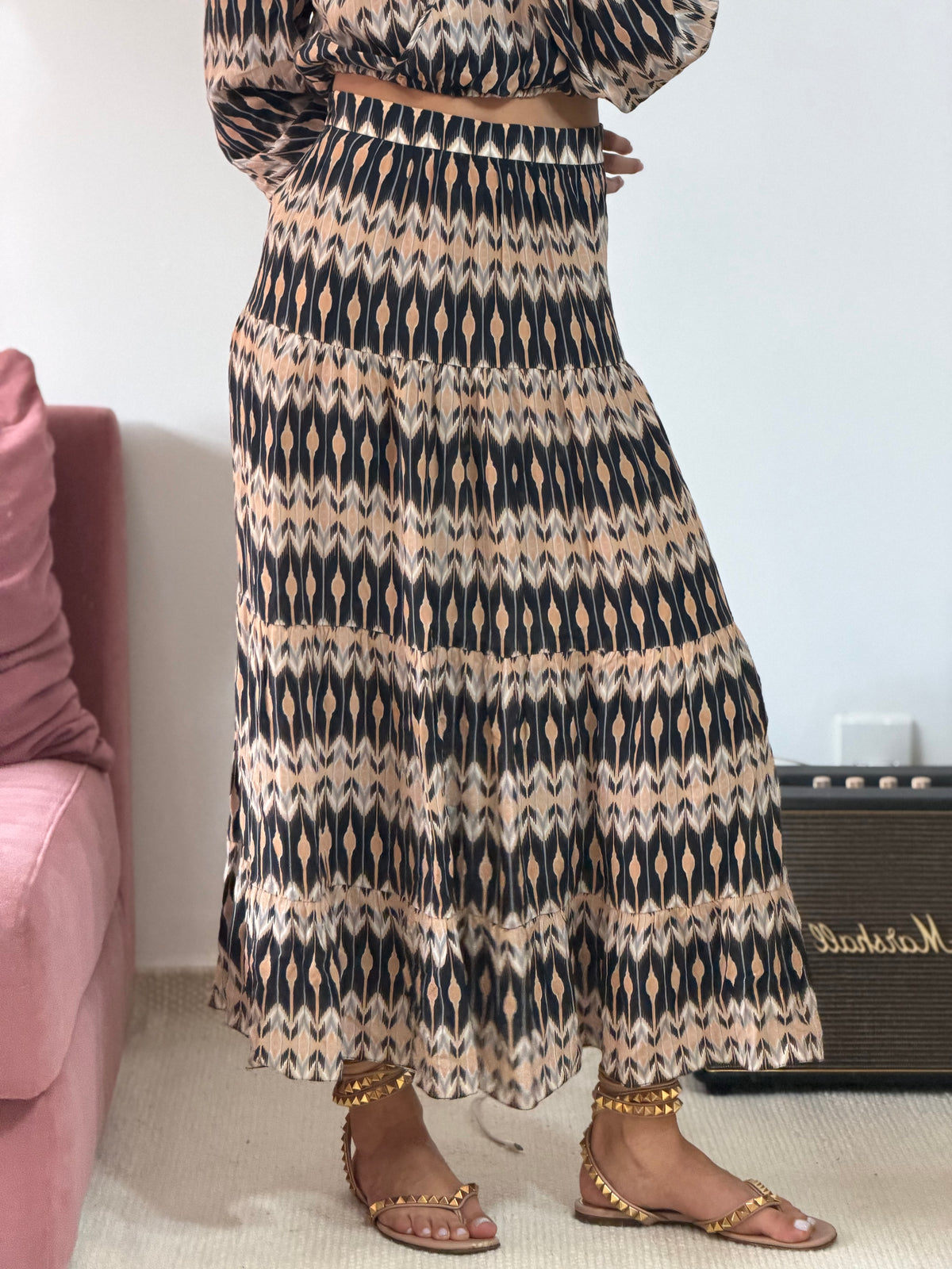 conjunto seda estampado talie nk cropped e saia
