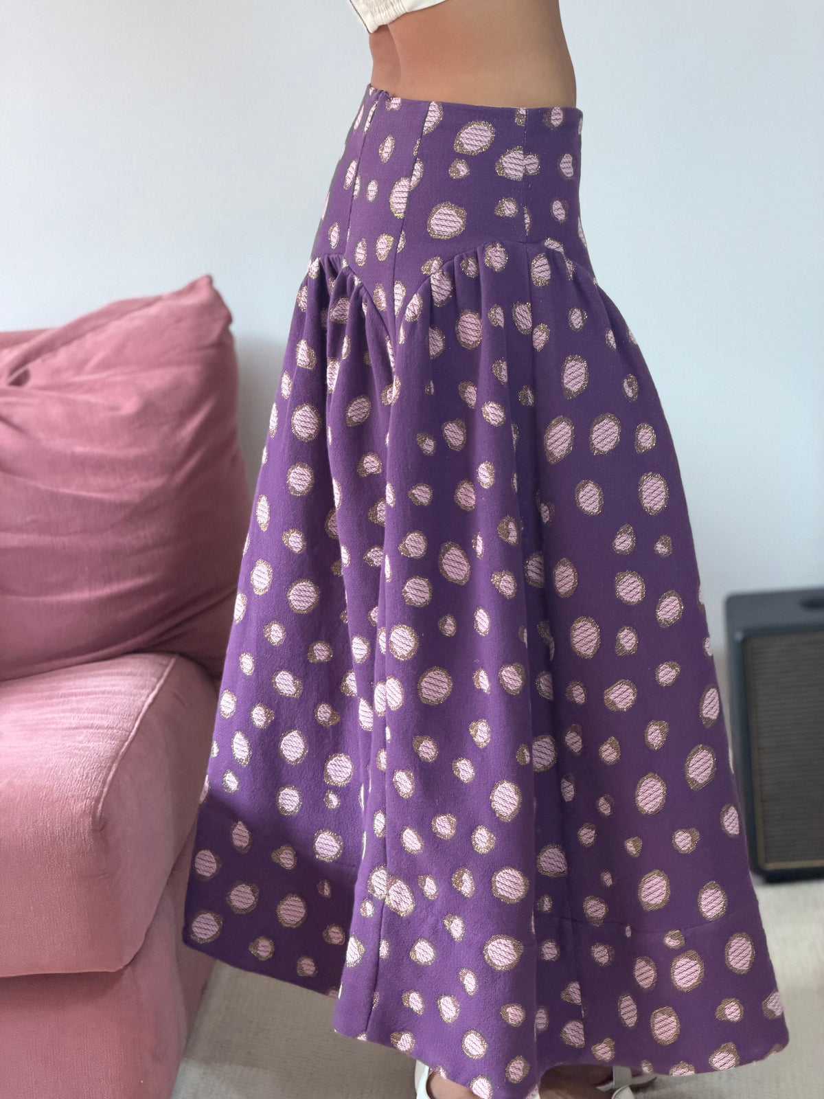 saia longa poá roxa com rosa lurex andrea marques