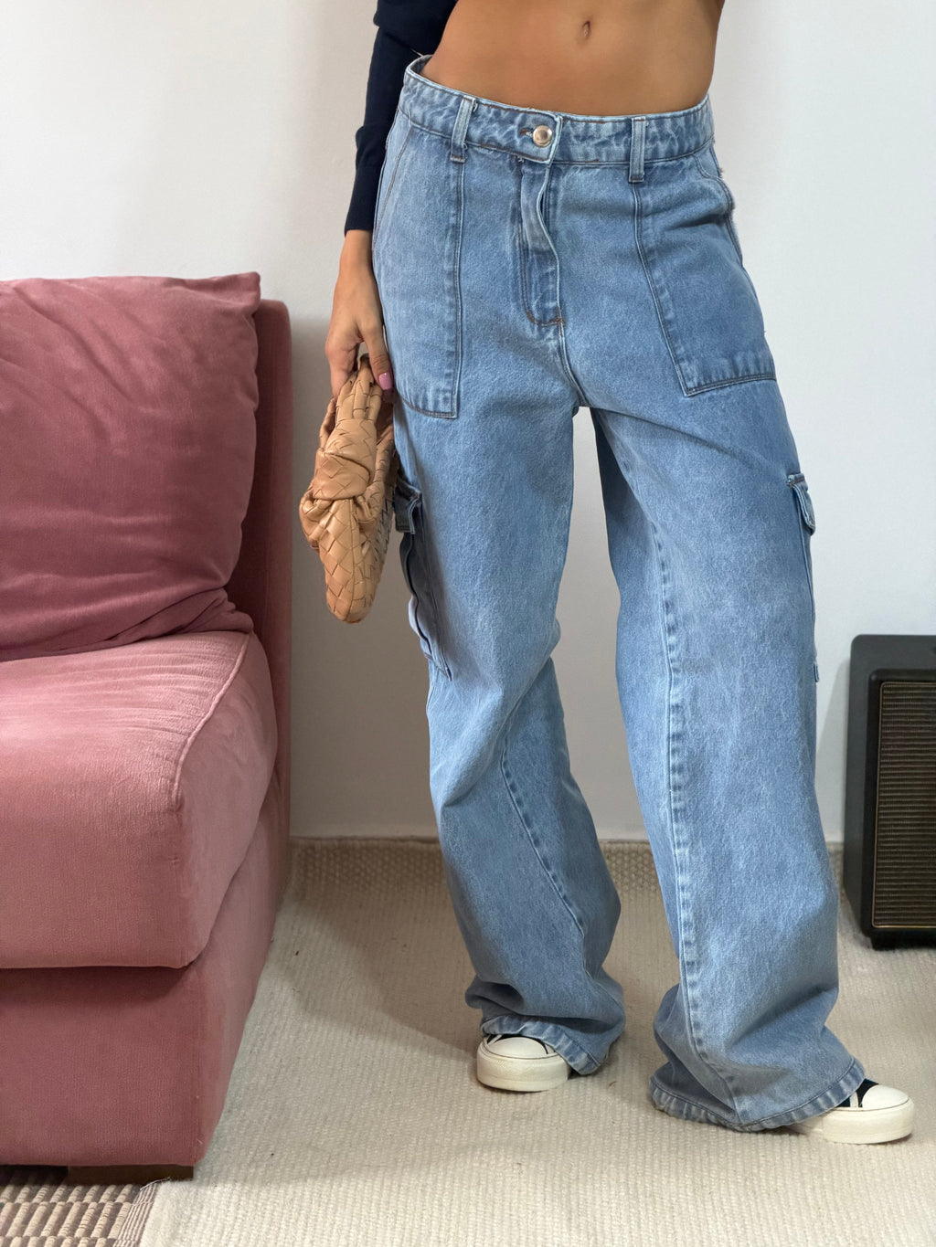 calça jeans cargo cintura baixa