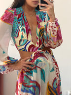 vestido longo estampado pat bo com recorte
