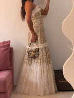 vestido longo festa needle&threads thule com brilho tomara-que-caia