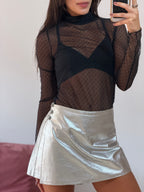 shorts saia couro legitimo prateado